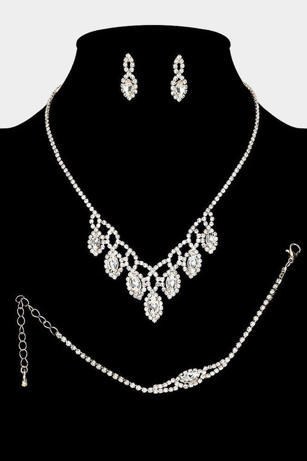 Marquise Station Rhinestone Paved 3 Piece Jewelry Set with Necklace, Earrings and Bracelet