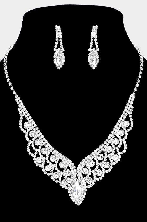Oval Crystal Rhinestone Pave V Collar Silver Necklace and Earring Set