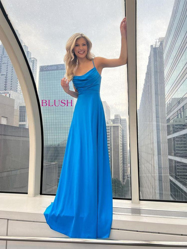 Blush Prom 12132 Blue Topaz Cowl Neck Slim A-Line Dress