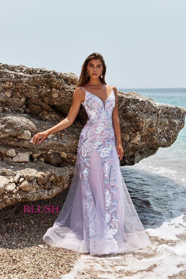 Blush Prom 12113 Pink Multi Plunging V-Neck Fit-n-Flare Dress with Godets