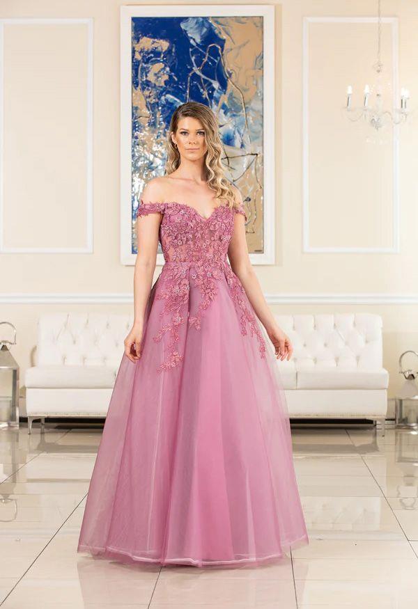 FLAIR Prom 24766 Plum Off the Shoulder A-Line Dress - Size 8