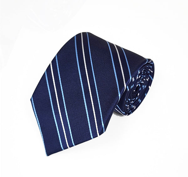 French Blue and White Pinstripe Navy Blue Woven Necktie