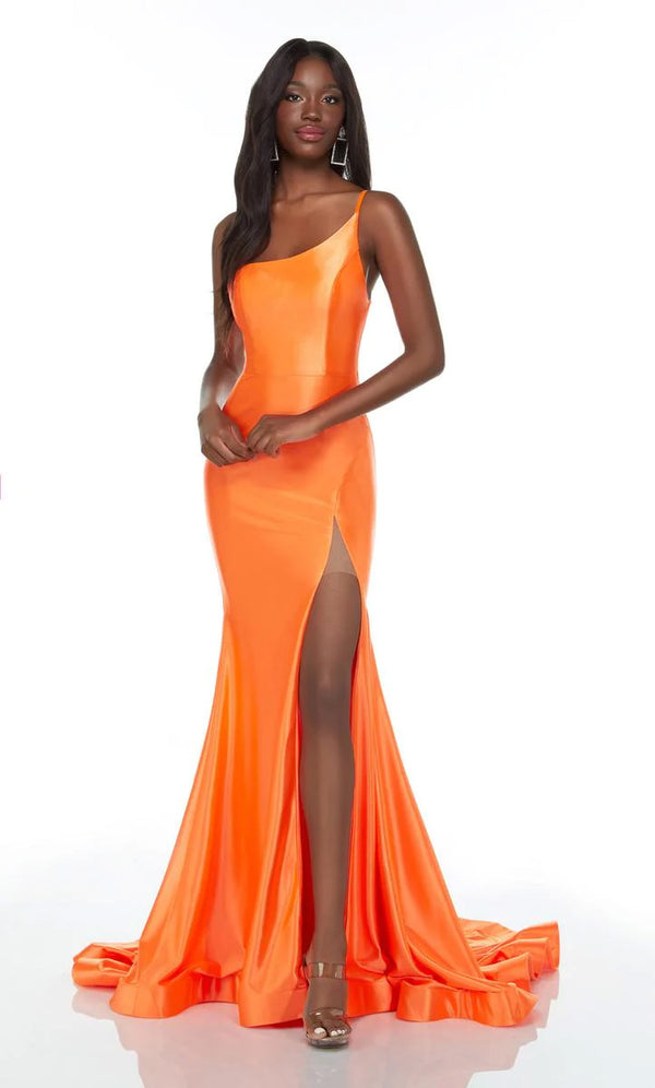 Alyce Paris 61159 Lagoon Blue High Slit One Shoulder Stretch Satin Dress - Size 18