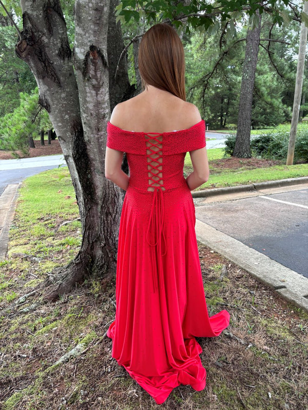 Ava Presley 37323 Red Off the Shoulder Stretch Jersey A-Line