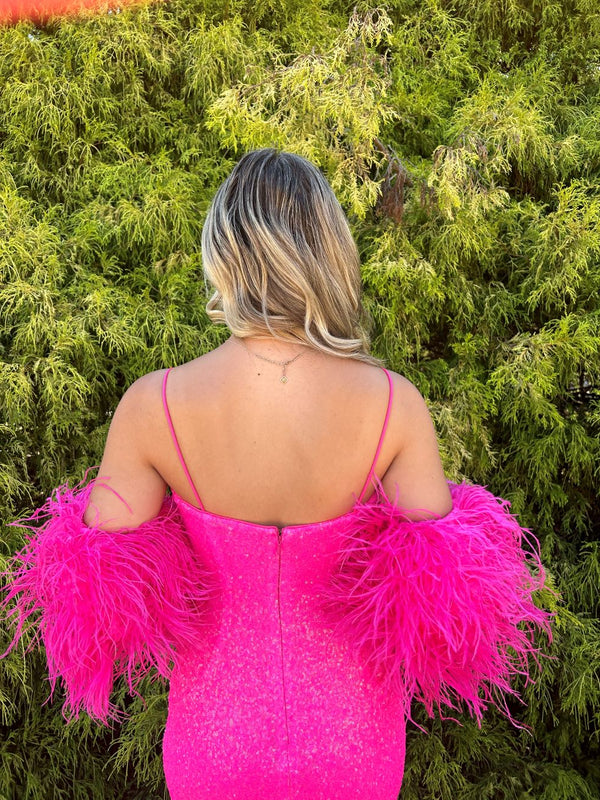 Ava Presley 28287 Neon Hot Pink Sequin Dress with Feathered Sleeves