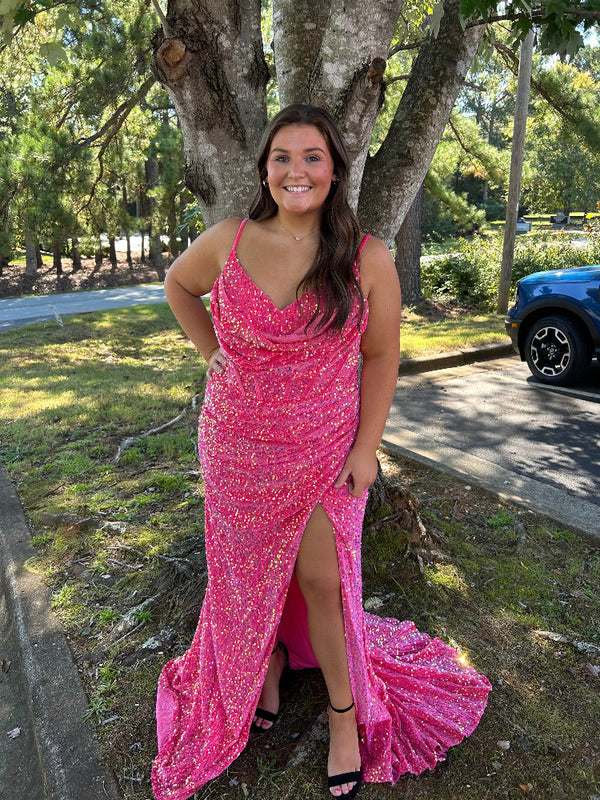 Athena Prom 8855 Fitted Sequin Dress with Cowl Neckline - Mint, Hot Pink or Pastel Blue