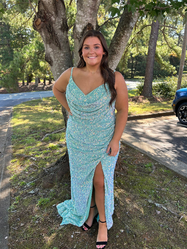 Athena Prom 8855 Fitted Sequin Dress with Cowl Neckline - Mint, Hot Pink or Pastel Blue