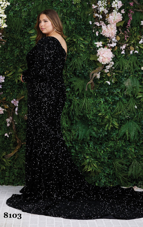 Athena Prom 8103 One Shoulder Velvet Sequin Fit-n-Flare Dress with Train - Emerald Green or Red