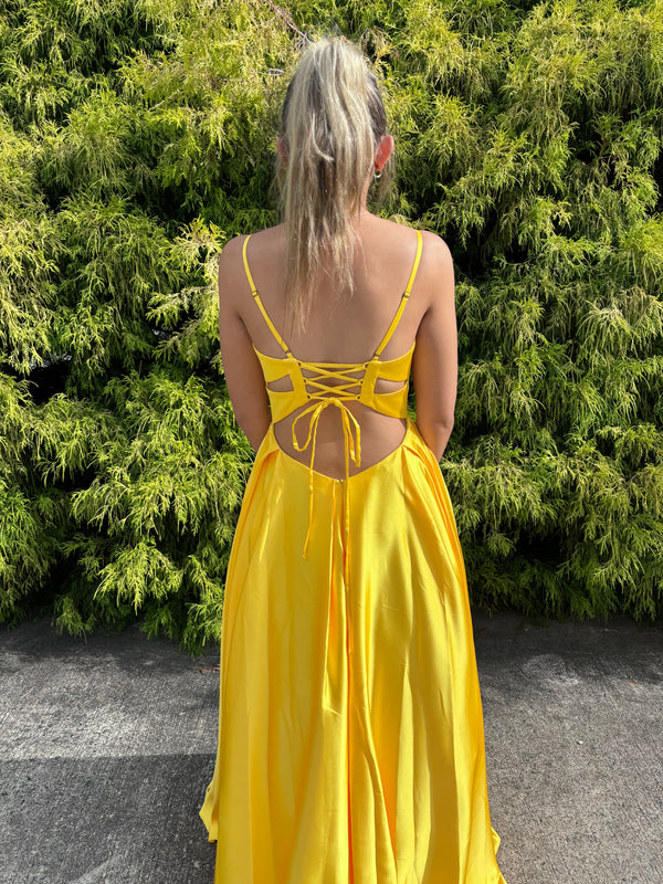 ALYCE Paris 1626 Bright Yellow Satin A-Line Dress - Size 6
