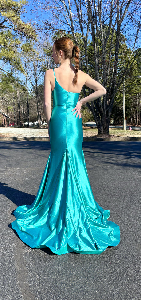 Alyce Paris 61159 Lagoon Blue High Slit One Shoulder Stretch Satin Dress - Size 18