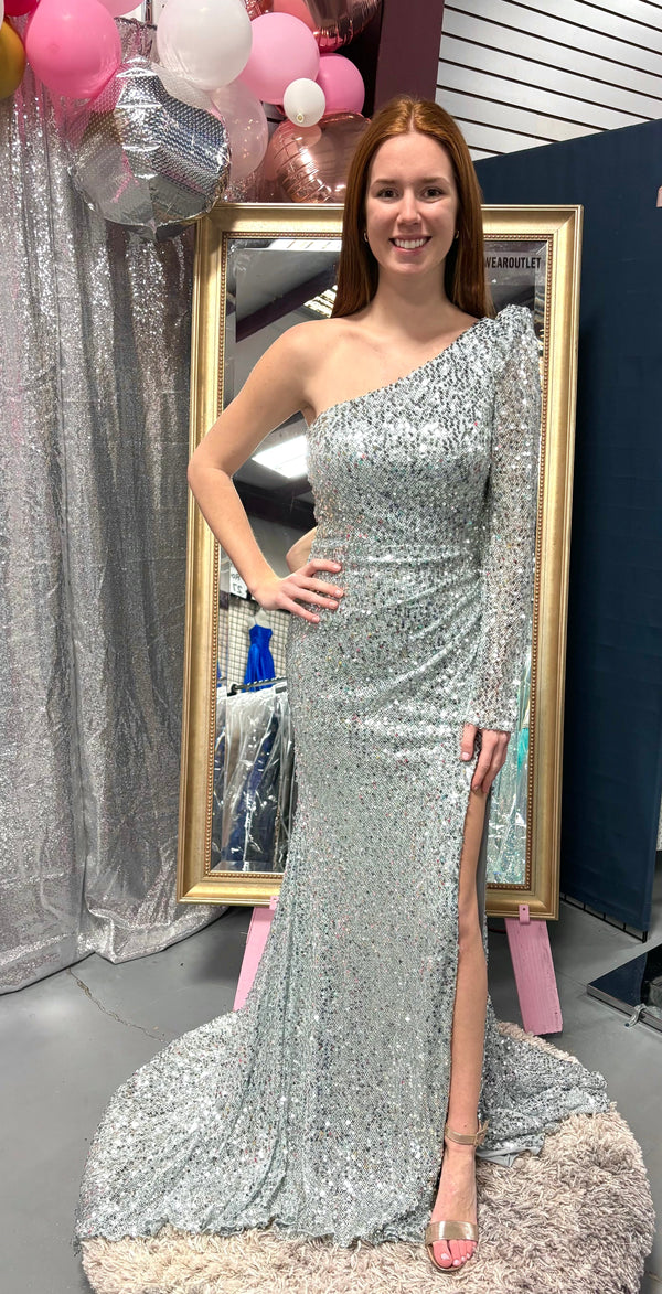 ALYCE Paris 61376 One Shoulder Long Sleeve Sequin Dress - Silver or Gold
