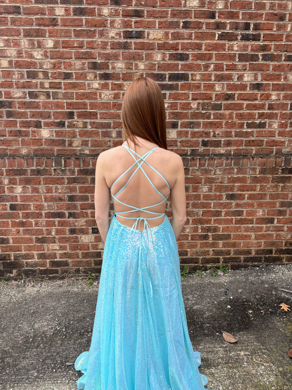 ALYCE Paris 61398 Sequin A-Line Dress Lace Up Back and Slit - Neon Pink or Blue