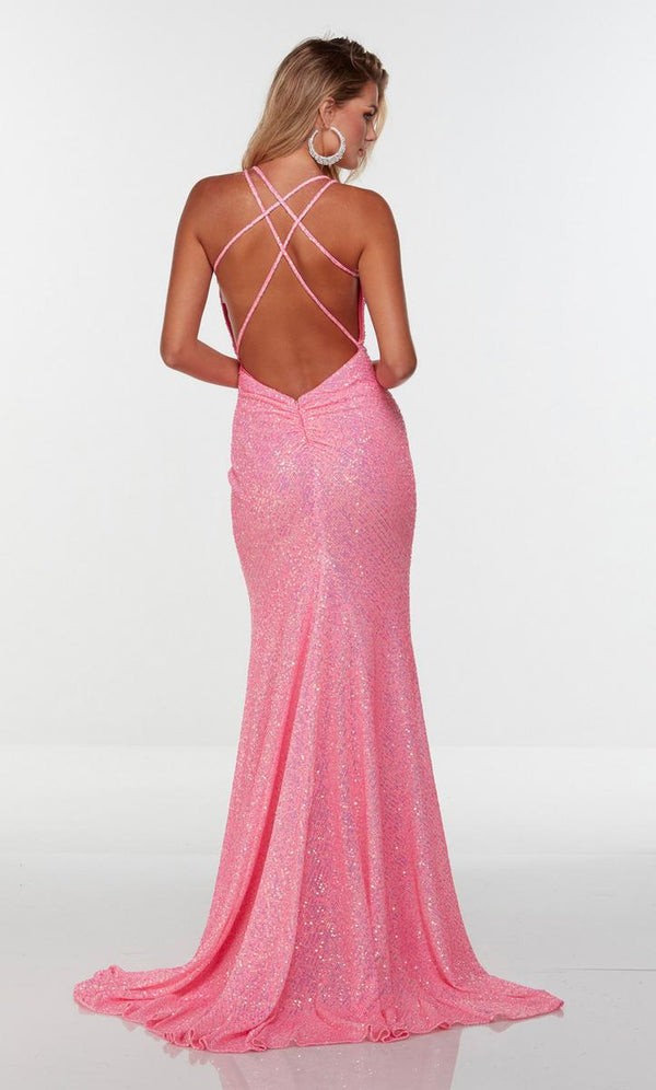 Alyce Paris 61150 Neon Pink Sequin Ruched Fit-n-Flare Dress with Train - Size 4