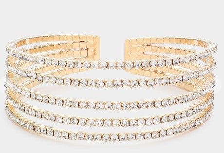 5 Row Rhinestone Cuff Bracelet - Gold or Rose Gold