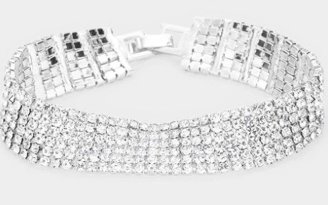 6 Row Rhinestone Bracelet - Gold or Silver