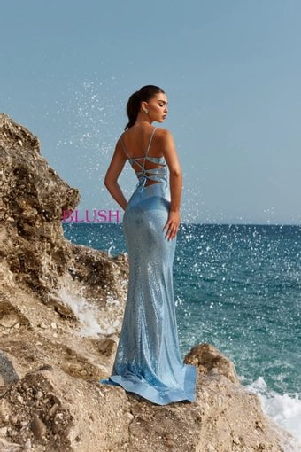 Blush Prom 12102 Pool Blue Shimmer Fitted Dress with Train - Size 2