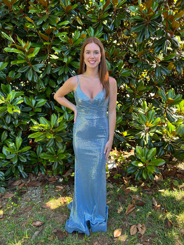 Blush Prom 12102 Pool Blue Shimmer Fitted Dress with Train - Size 2