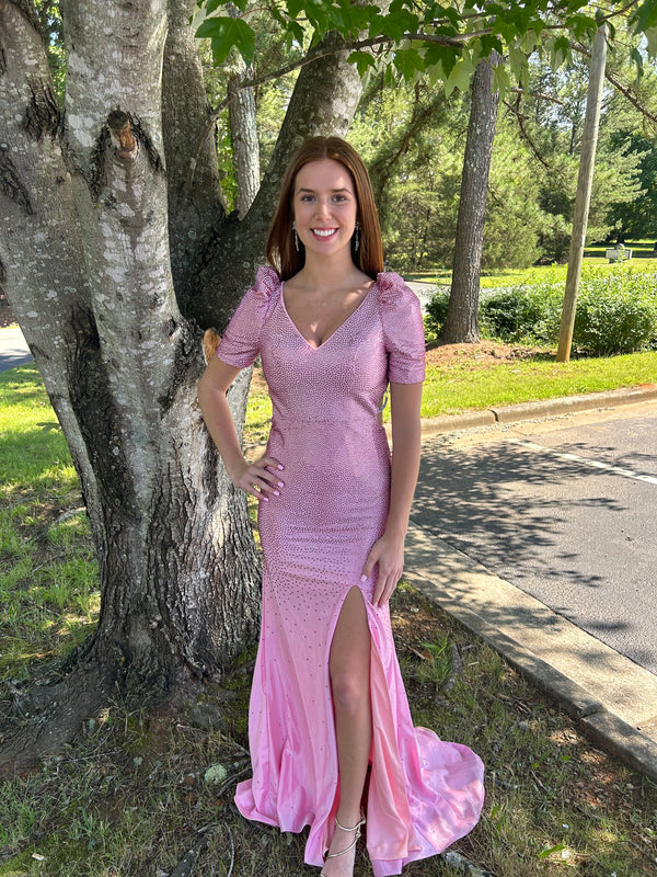 Blush Prom 12120 Rose Pink Sheath Dress with Short Ruched Sleeves and Open Back
