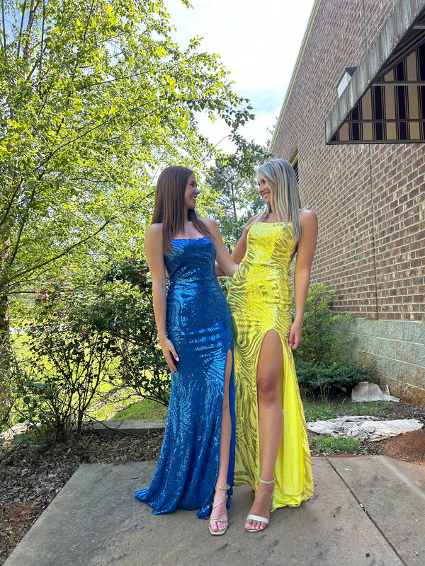 Blush Prom 12124 Yellow Fitted Sequin Dress with Strappy Back and Slit