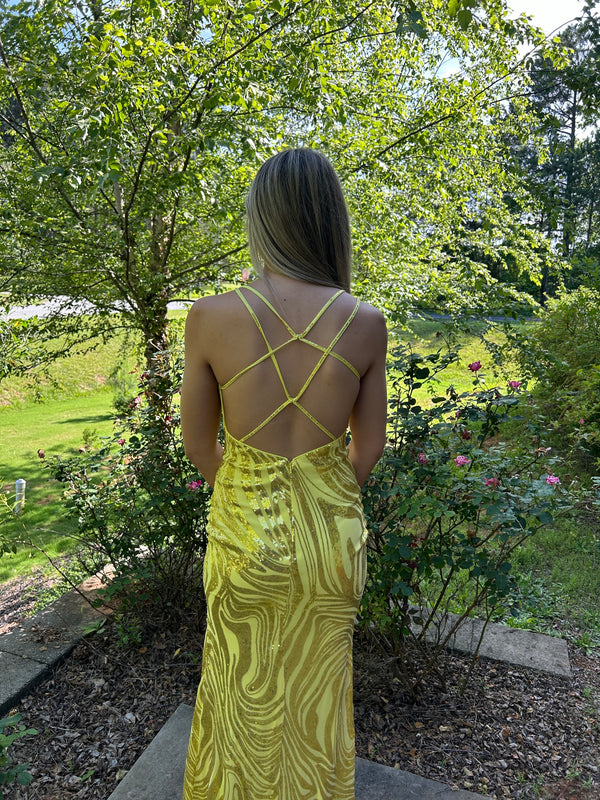 Blush Prom 12124 Yellow Fitted Sequin Dress with Strappy Back and Slit