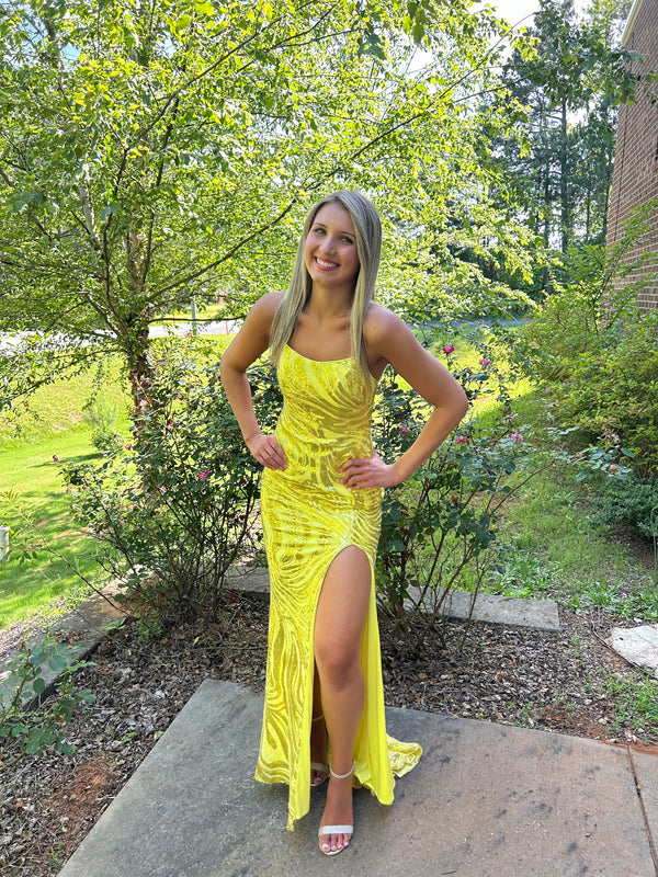 Blush Prom 12124 Yellow Fitted Sequin Dress with Strappy Back and Slit