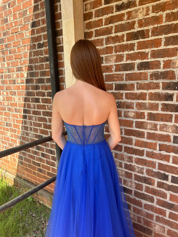 Blush Prom 12133 Strapless Jeweled Corset A-Line Dress with Slit - Sapphire or Cerise