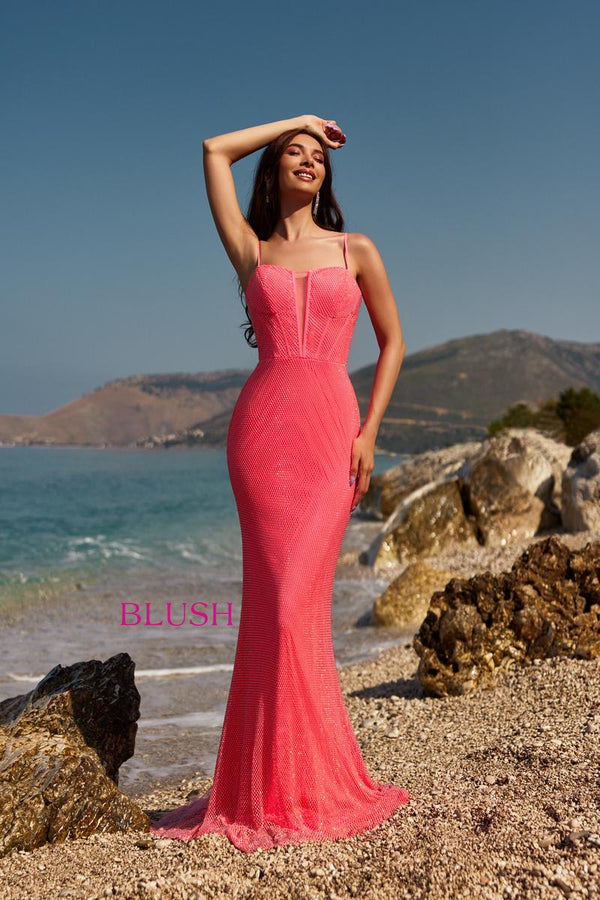 Blush Prom 12159 Barbie Pink Plunging Corset Bodice Sheath Dress