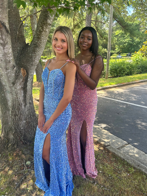 Blush Prom 12167 Velvet Sequin Dress with Slit - Antique Rose or Ocean