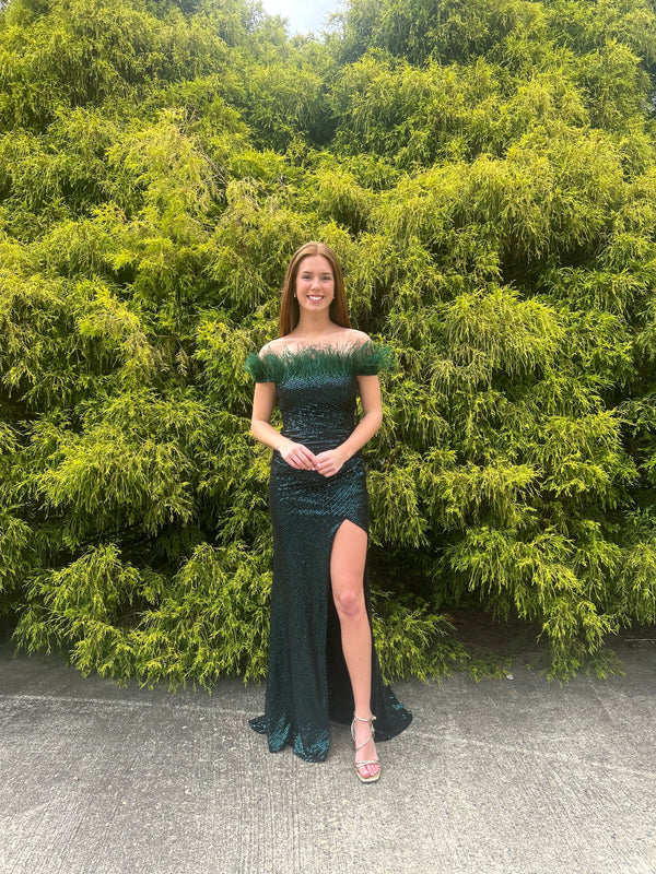 Blush Prom 12170 Sequin Off the Shoulder Dress with Feather Detail - Emerald, Pink or Sapphire Blue