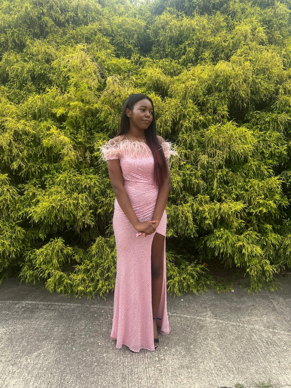 Blush Prom 12170 Sequin Off the Shoulder Dress with Feather Detail - Emerald, Pink or Sapphire Blue
