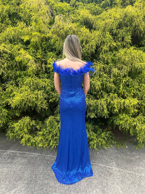 Blush Prom 12170 Sequin Off the Shoulder Dress with Feather Detail - Emerald, Pink or Sapphire Blue
