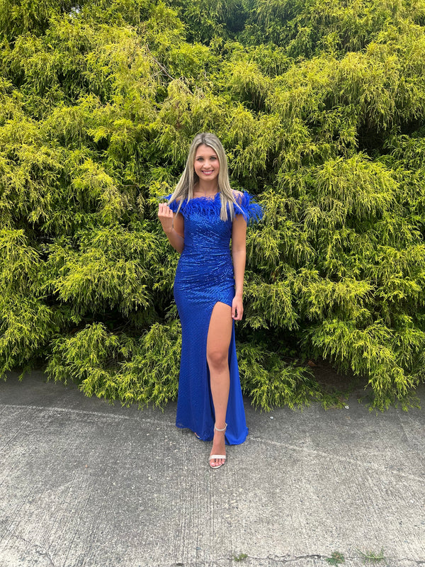 Blush Prom 12170 Sequin Off the Shoulder Dress with Feather Detail - Emerald, Pink or Sapphire Blue