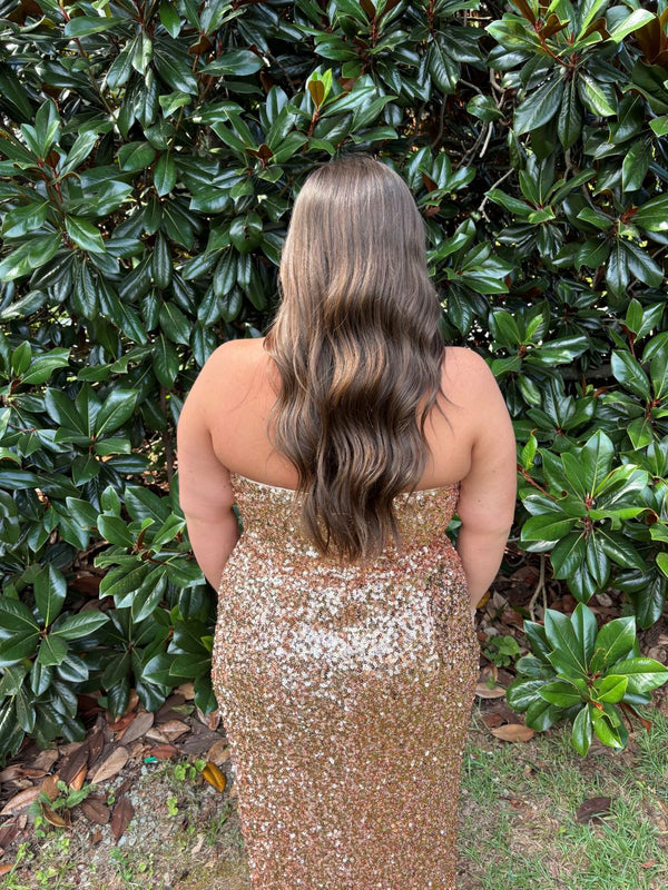 Blush Prom 20538 Rose Gold Strapless Sequin Jersey Fit-n-Flare w/ Dramatic High Side Slit - Size 14