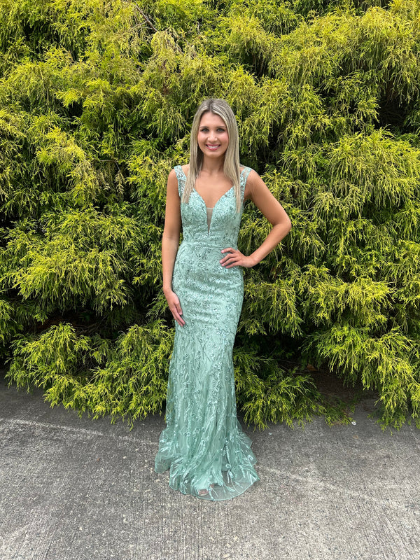 Blush Prom 12149 Fern Green Lace Embroidered Fitted Dress - Size 8