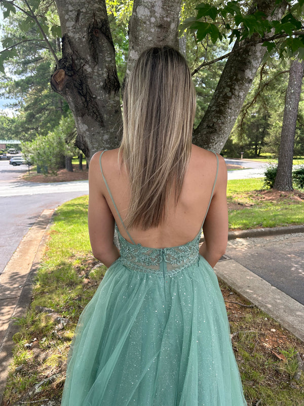 Blush Prom 12150 Fern Green Glitter Tulle A-Line Dress - Size 6