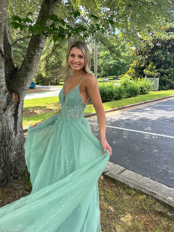 Blush Prom 12150 Fern Green Glitter Tulle A-Line Dress - Size 6