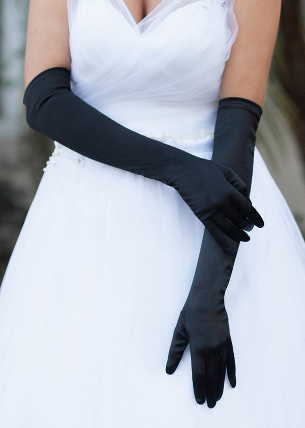 Black Stretch Satin Opera Length Ladies Gloves