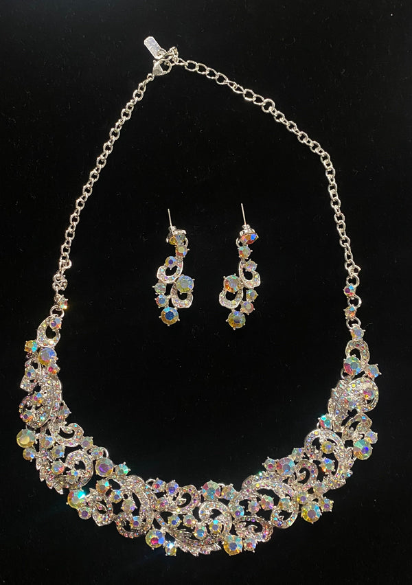 Iridescent Bubble Stone Embellished Silver Statement Necklace and Earring Set