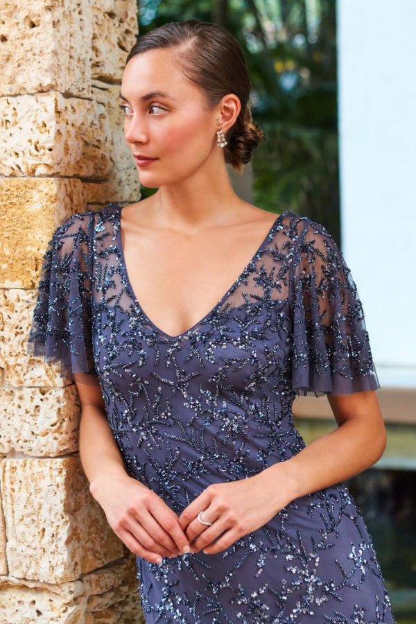 Cameron Blake 221681 Flutter Sleeve Beaded Tulle Evening Dress - Silver or Charcoal