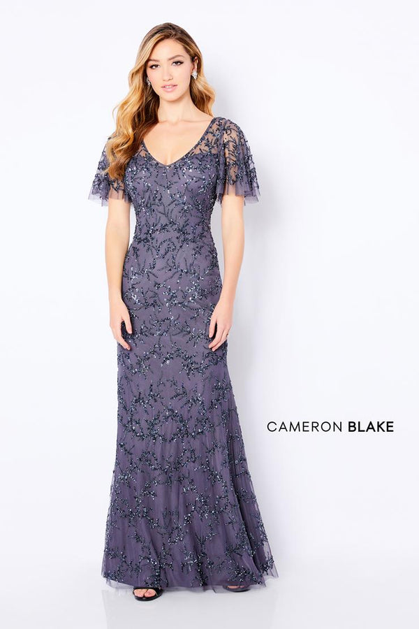 Cameron Blake 221681 Flutter Sleeve Beaded Tulle Evening Dress - Silver or Charcoal