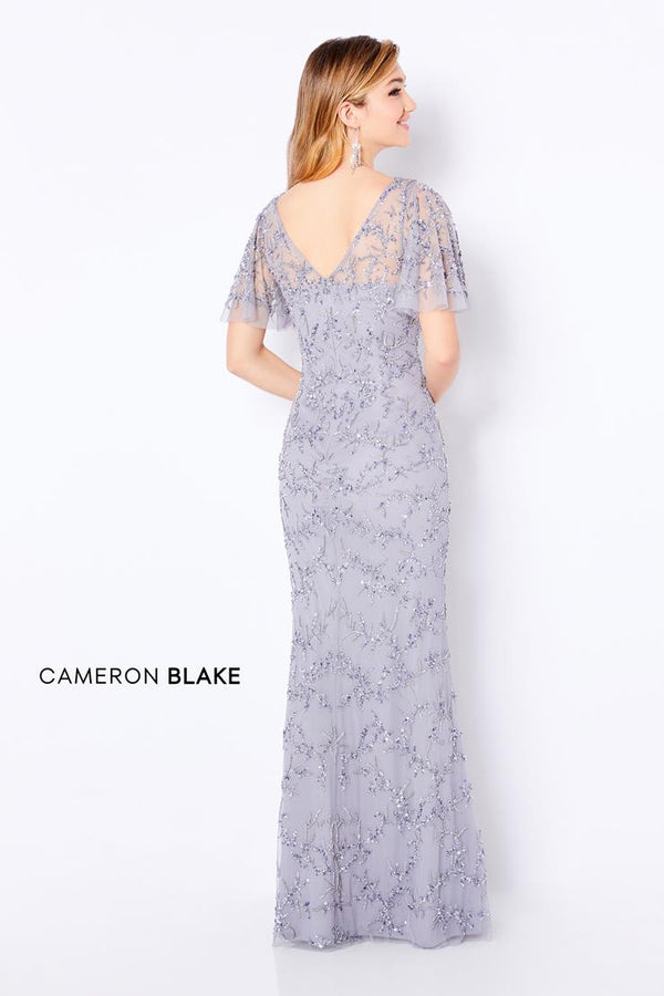 Cameron Blake 221681 Flutter Sleeve Beaded Tulle Evening Dress - Silver or Charcoal