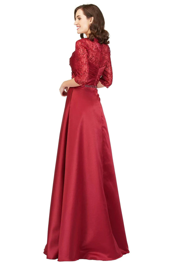 Cecilia Couture 1845 Burgundy Satin A-Line Dress with Lace Sleeves - Size 4