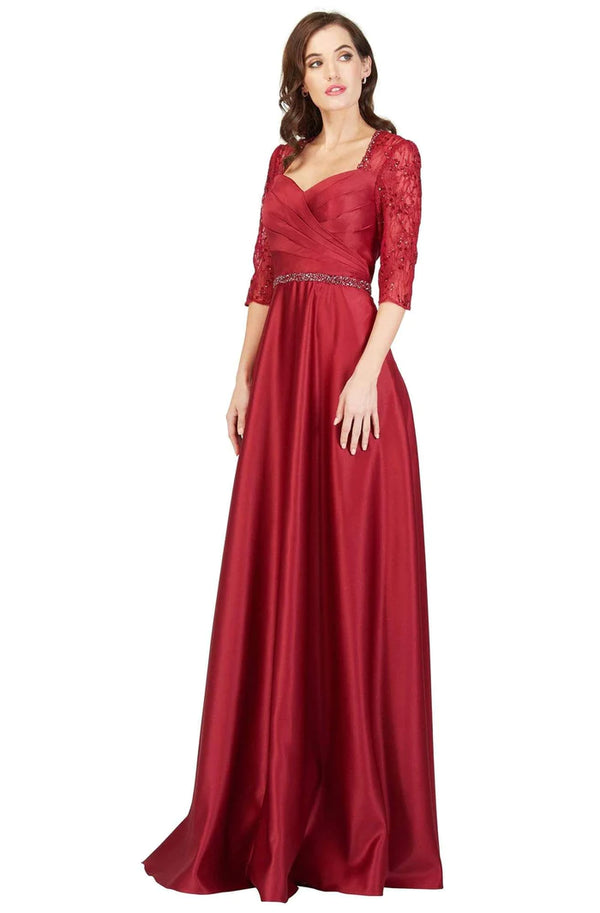 Cecilia Couture 1845 Burgundy Satin A-Line Dress with Lace Sleeves - Size 4