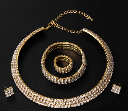 Gold Crystal Rhinestone 4 Piece Jewelry Set