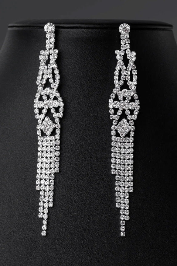 Silver Macramé 4.5" Crystal Rhinestone Fringe Earrings