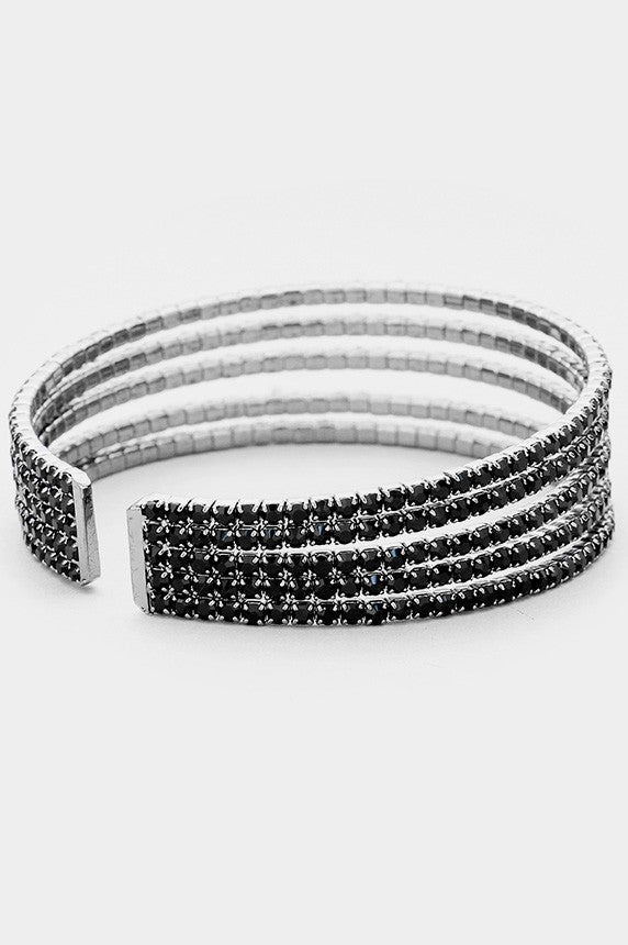 5 Rows Split Layered Rhinestone Cuff Bracelet - Silver, Gold or Jet Black