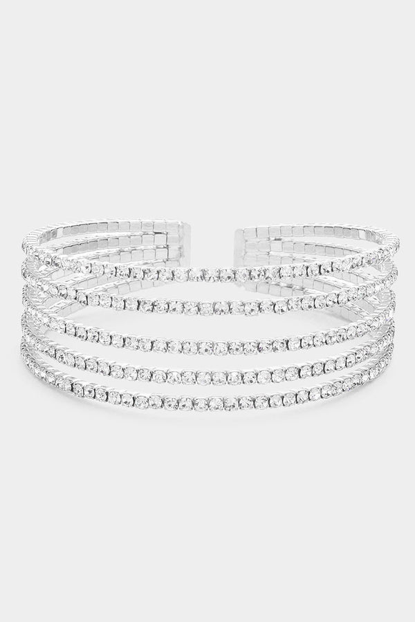 5 Rows Split Layered Rhinestone Cuff Bracelet - Silver, Gold or Jet Black
