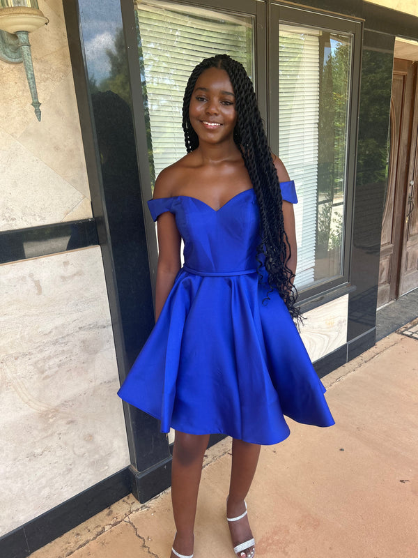 CLARISSE 30245 Short Mikado Off the Shoulder Dress with Pockets - Red, White, Sapphire or Forest Green