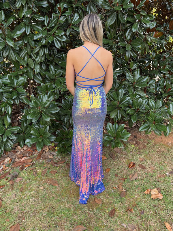 CLARISSE 810910 Blue Ombre Iridescent Sequin Sheath Dress with Slit - Size 00