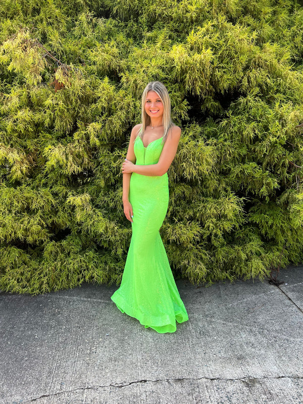 CLARISSE 810932 Neon Green Sequin Sheath Dress with Lace Up Back